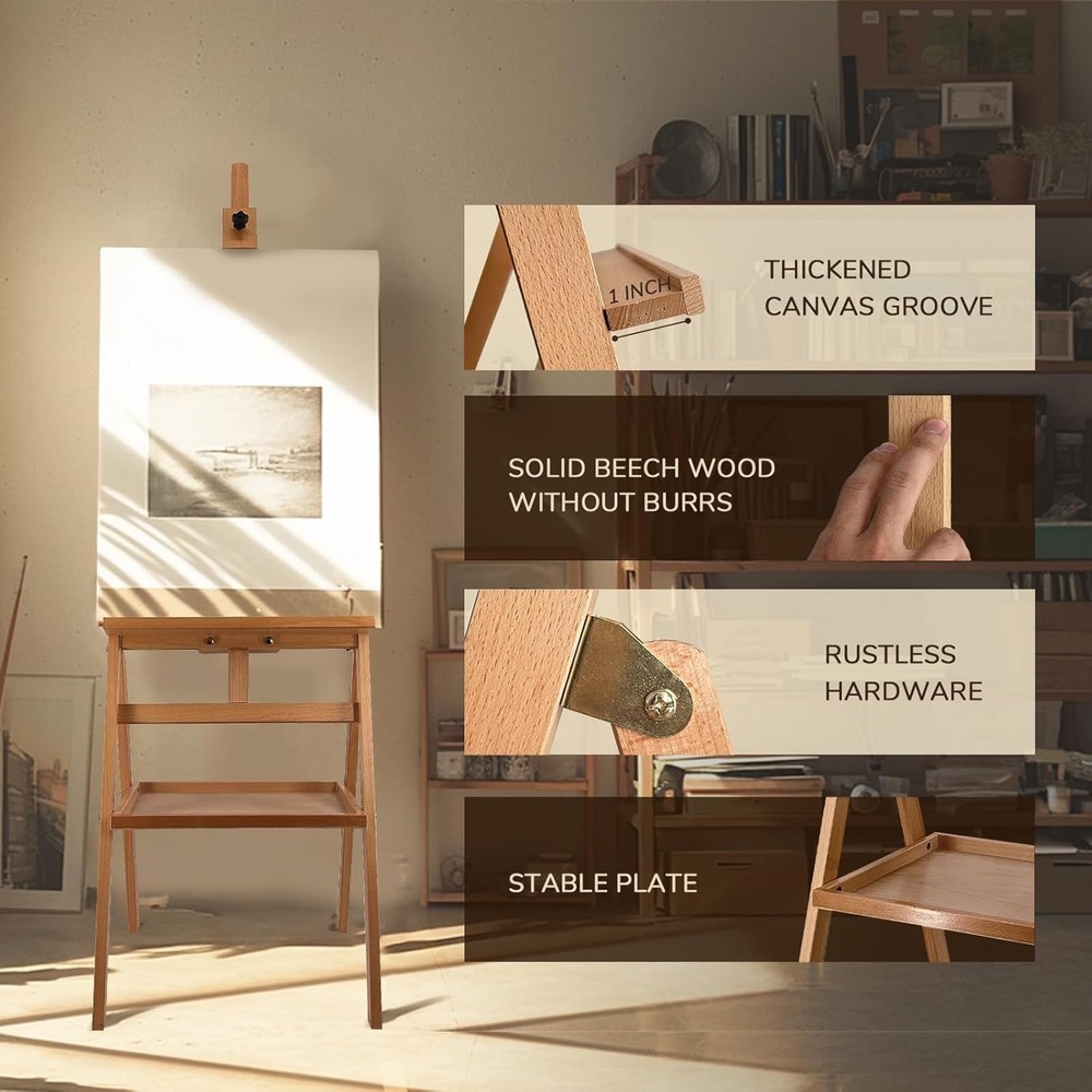 Stuelloaf Solid Beech Wood Painting Easel with Storage Plate (60"~75" H), H-Fram