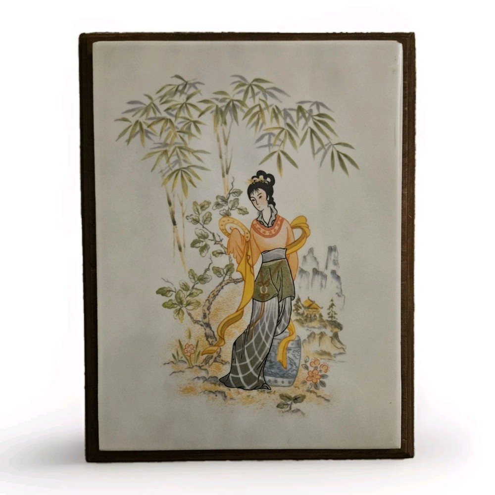 Vintage Framed Ceramic Chinoisere Tile