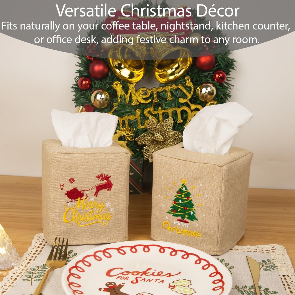 Christmas Tissue Box Cover – Linen Fabric Standard size, Tree