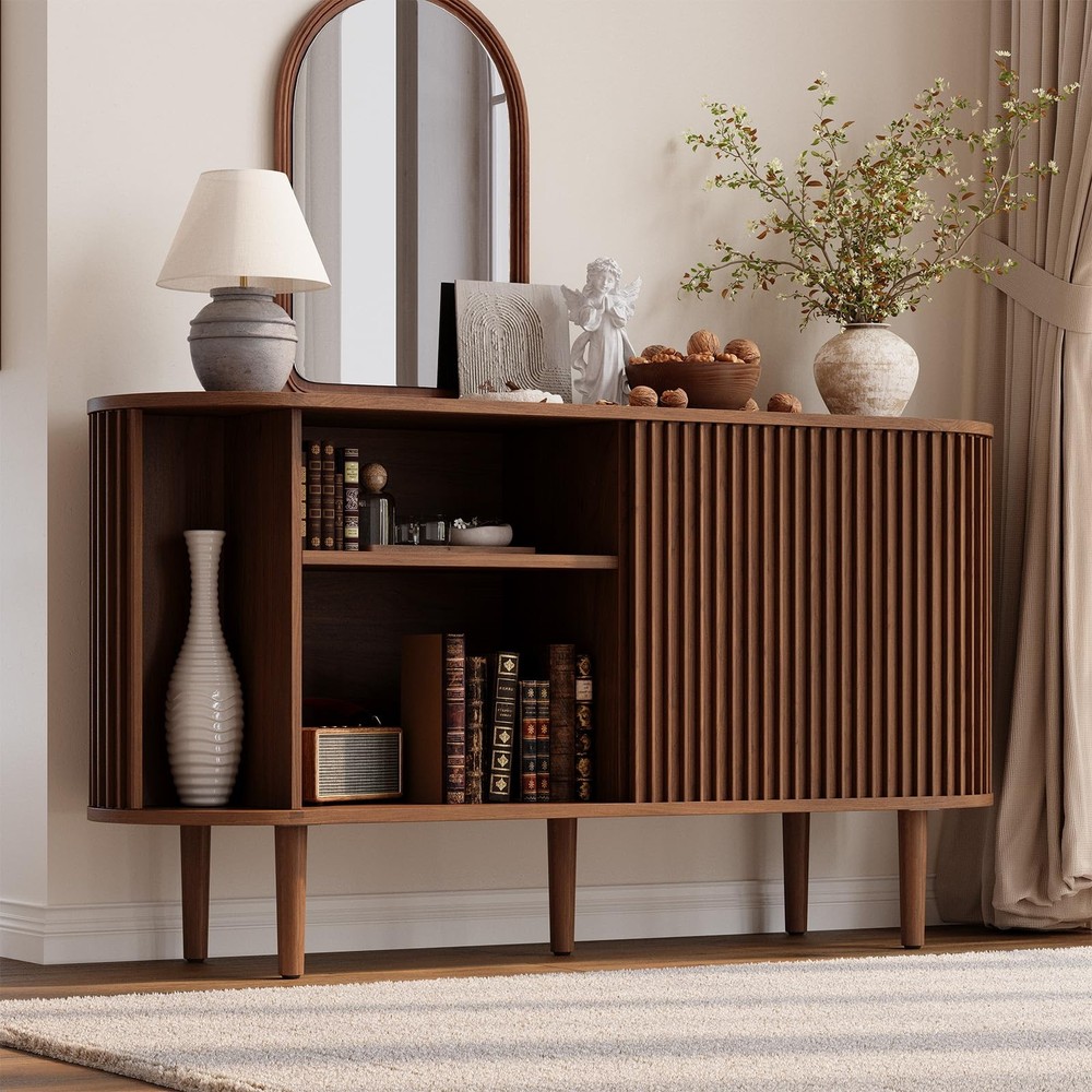55" MCM Buffet Sideboard Sliding Doors Storage Adjustable Shelves Walnut
