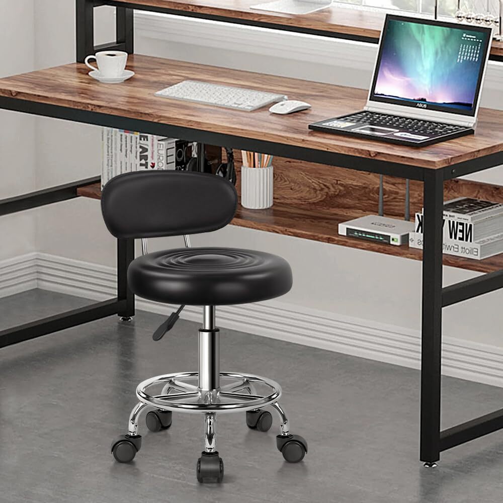 KKTONER PU Leather Modern Rolling Stool with Low Back Height Adjustable Work ...