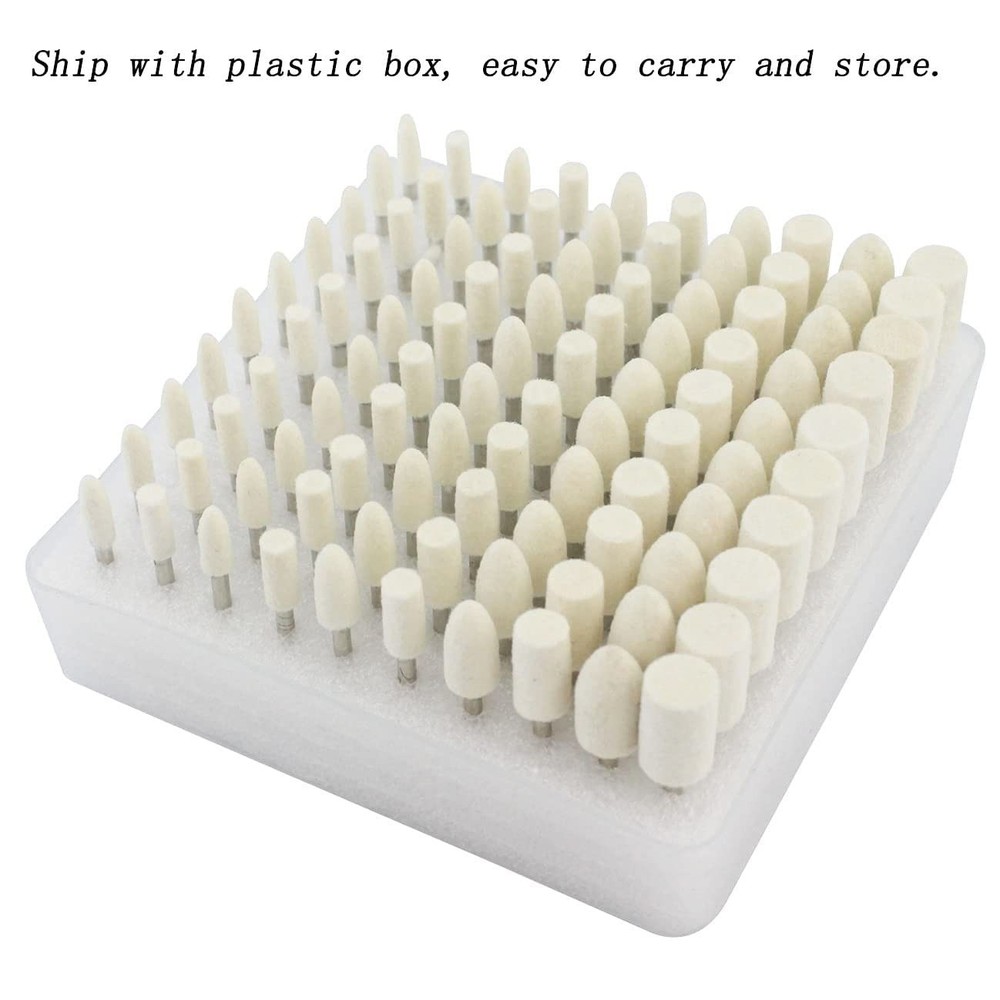 100 Pcs Wool Felt Mounted Mandrel Polishing Buffing Grinding Bits 1/8" Shank