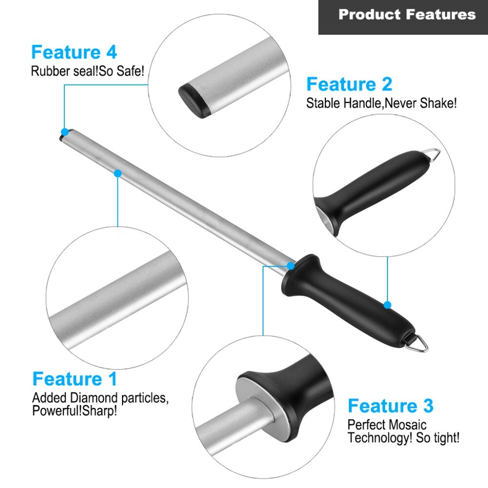 Pro 10" Diamond Knife Sharpener Rod Sharpening Tool for Kitchen Knives Scissors