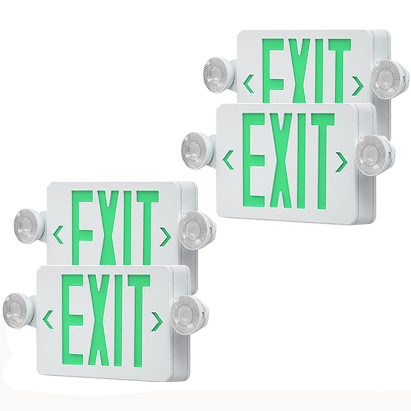 4PACK Green Exit Sign Emergency Light Combo ABS Fire Safety 90m Backup UL listed