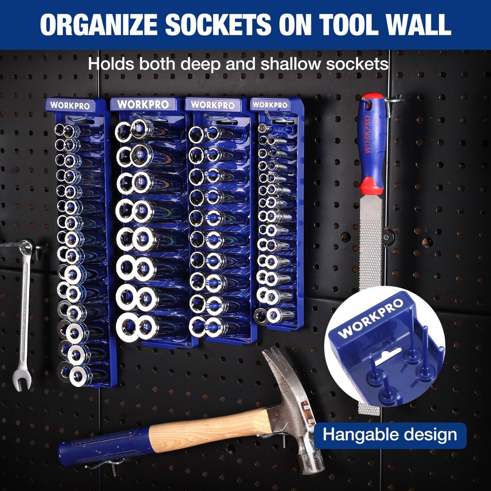 WORKPRO 4PC/8PC Socket Organizer Set Socket Holder Tray 1/4" 3/8" 1/2 SAE/Metric