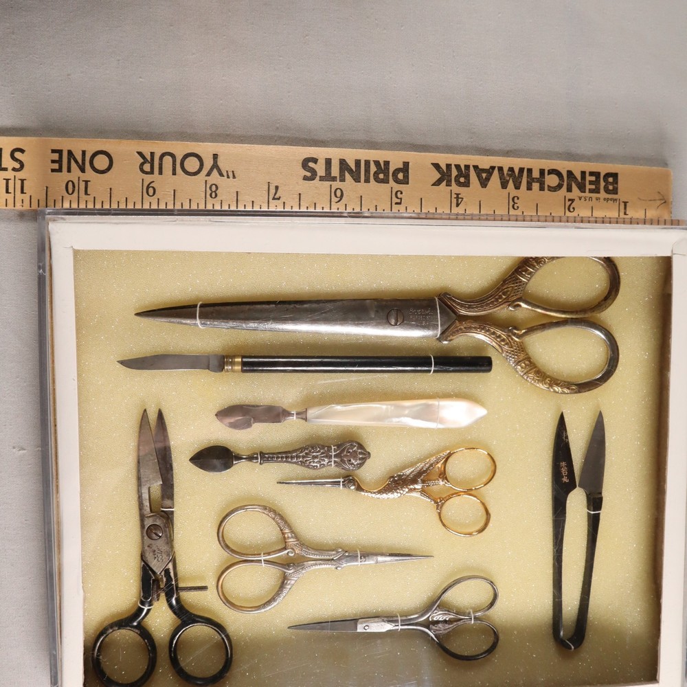Antique Sewing Tools Scissors Quill Knives Thread Snips Display See Description