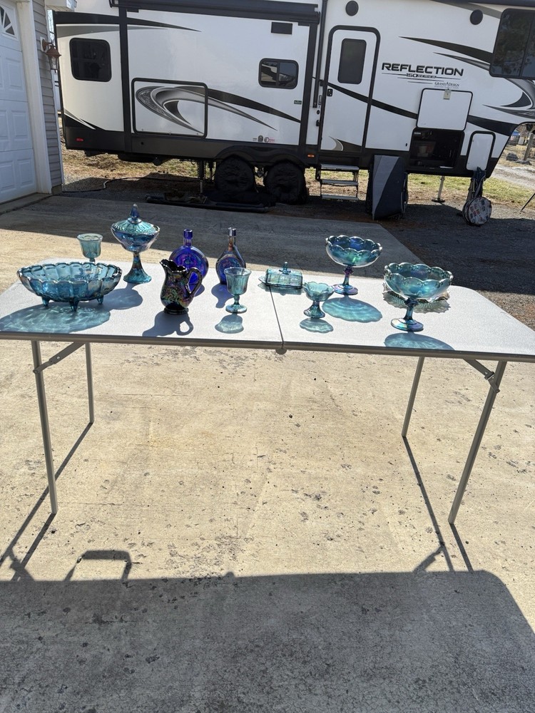 Blue Glass Fruit Bowl, Goblet, Pitcher, Decorative Bottle & Covered Dish