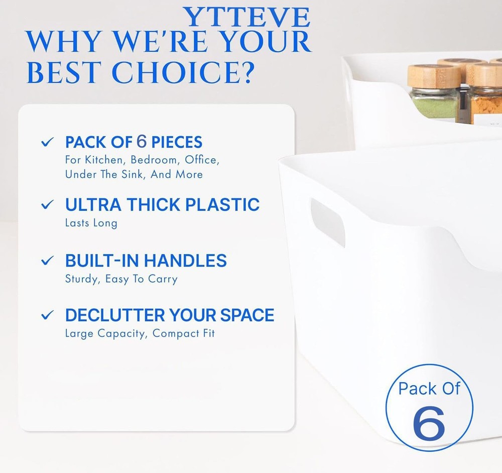Ytteve 6-Pack Assorted White Plastic Storage Bins - Includes 2 Large (13" x 9...