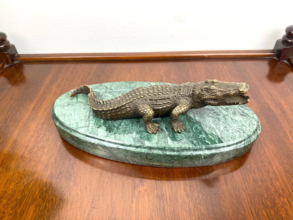 Bronze Sculpture Crocodile on Black Marble Base After Milo