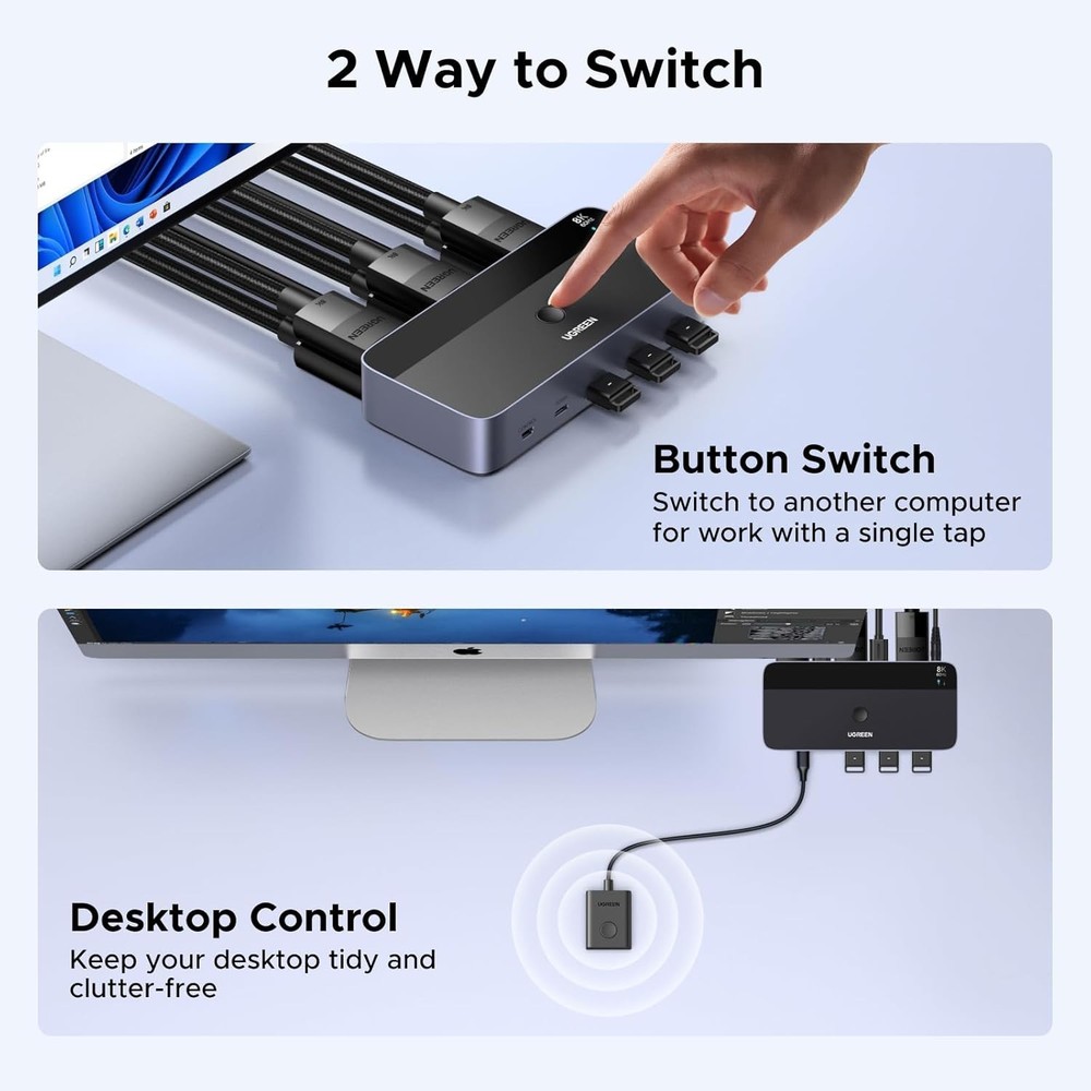 UGREEN 8K@60Hz DP KVM Switch 2 Monitors 2 PCs with 4 USB3.0 Ports & Controller