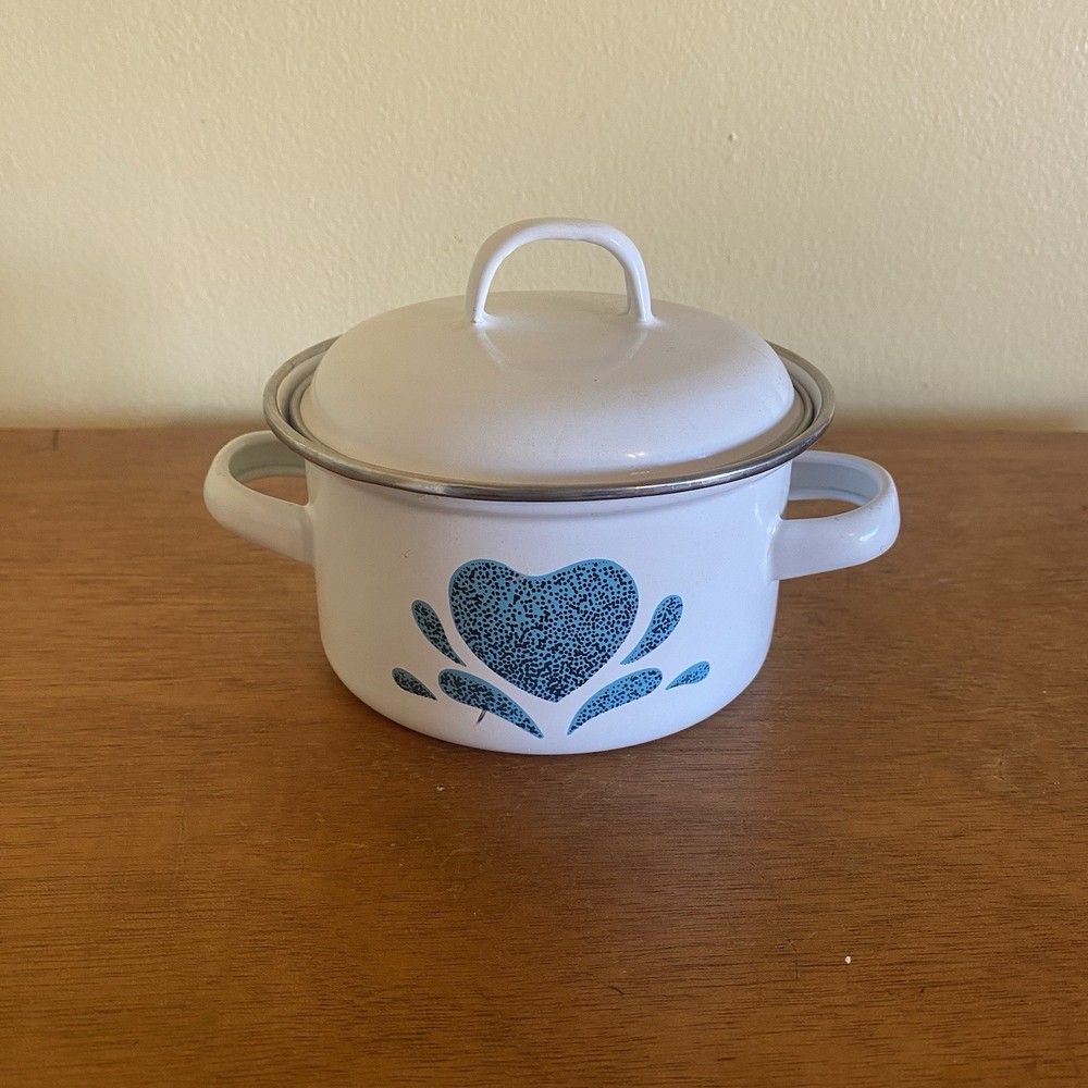 Blue Heart Little Enamel Pot 4” High