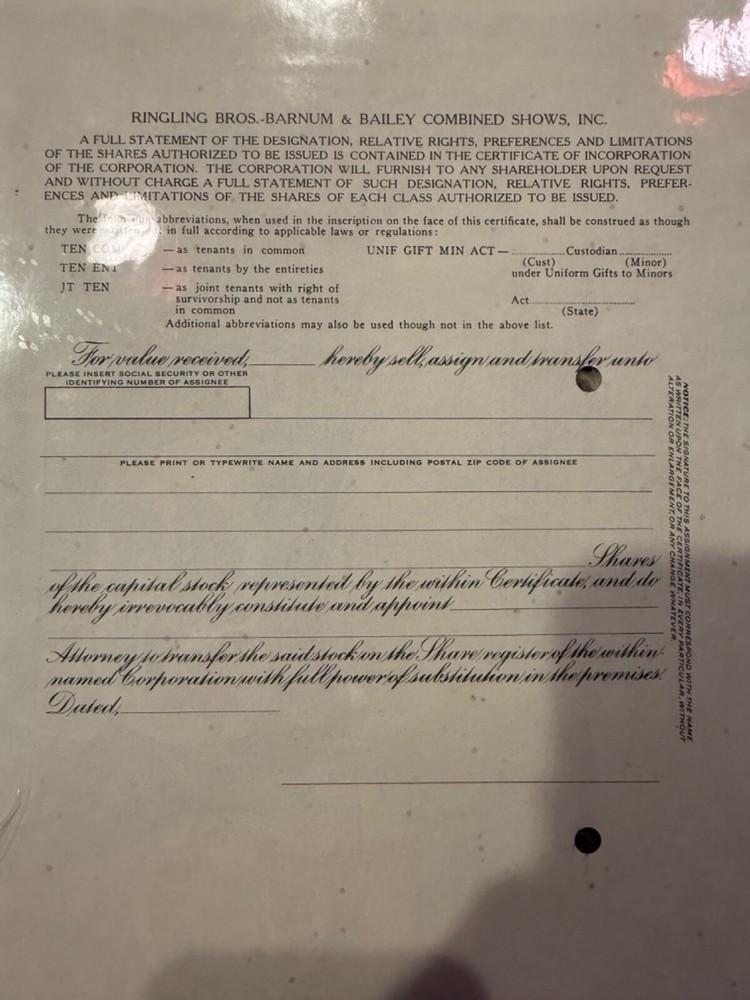 Ringling Brothers BARNUM BAILEY Stock Certificate