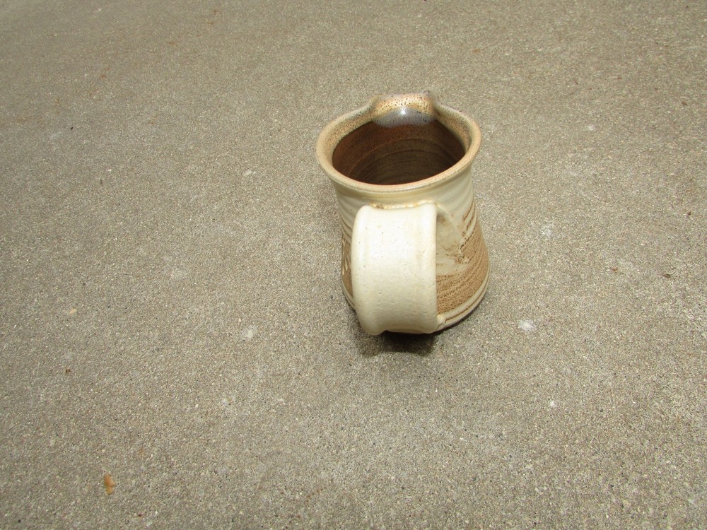 Handmade Beige Brown Striped Leaf Pottery Small Pitcher Handle 4" Tall NICE!