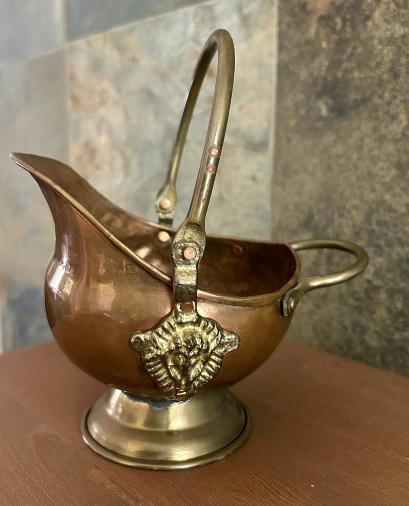 Copper & Brass Mini Coal Ash Scuttle 5" Match Holder Swing Handle Vintage