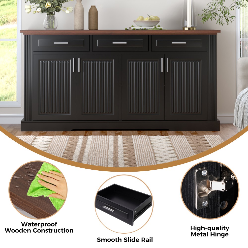 Modern Fluted Sideboard Buffet w/4 Doors & 3 Drawers for Kitchen Dining