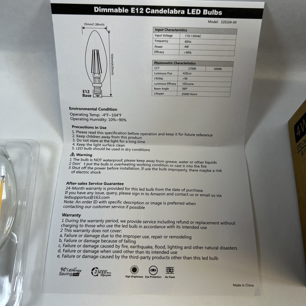 12 Pack Dimmable E12 Candle Light Bulbs LED 4W Candelabra Bulb