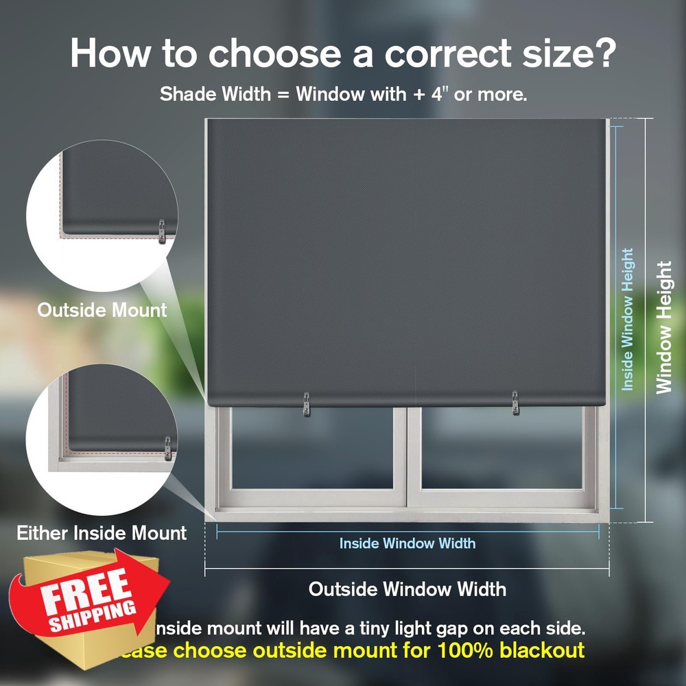 SAUIRS 36" Grey Blackout Roller Shades Cordless Blinds Pull Down