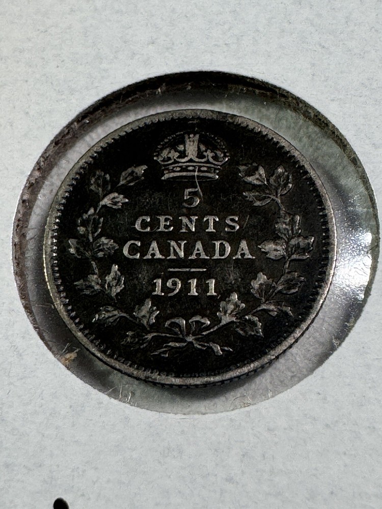 1911 Canada 5 Cents Small Silver Coin Cleaned