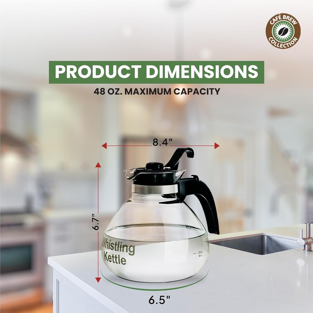 Borosilicate Glass Stove Top Whistling Tea Kettle 12 Cup/48oz Capacity -BPA-Free