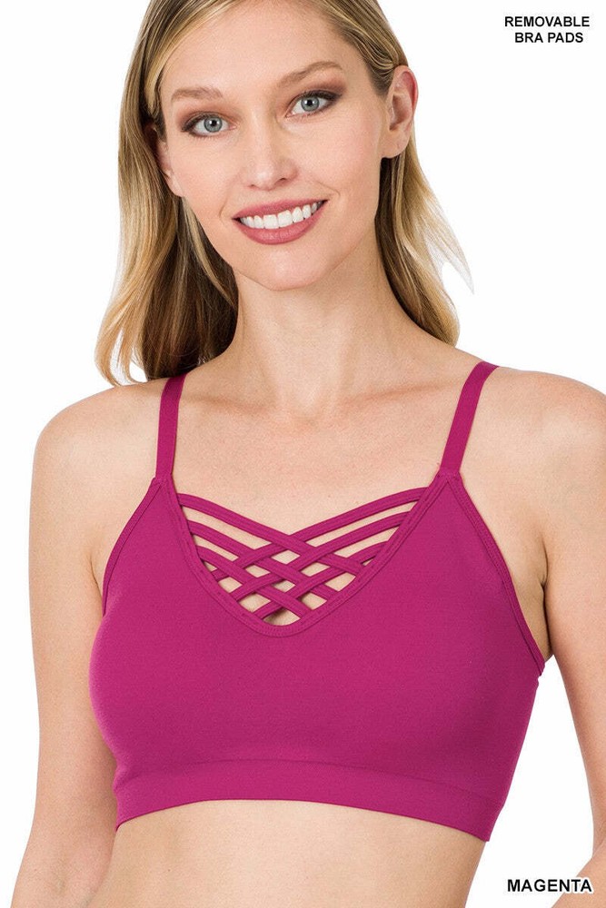 FRONT V-LATTICE BRALETTE WITH REMOVABLE BRA PADS