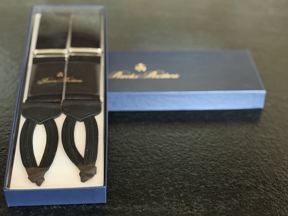 NIB Brooks Brothers Mens Solid Black Formal Solid Suspenders w/ Silver $148
