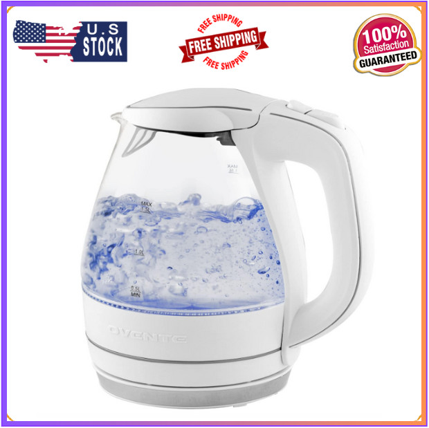 OVENTE Glass Electric Kettle Hot Water Boiler 1.5 Liter Borosilicate Glass Fast