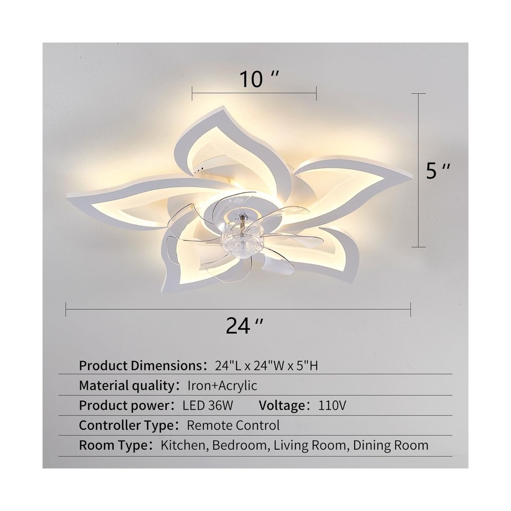 White Flower Modern CeilingFans with Lights, Low Profile Ceiling Fan with Rem...