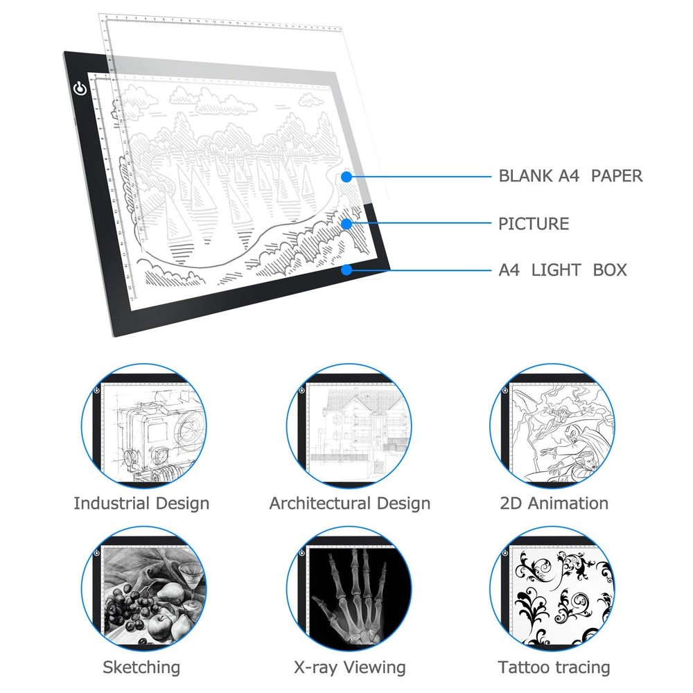 A4 LED Copy Board Light Tracing Box, Ultra-Thin Adjustable USB Power Artcraft...