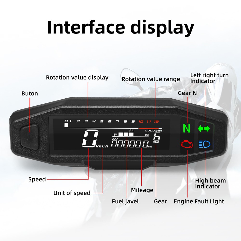 LCD Digital Motorcycle Speedometer Odemeter Tachometer Gear Indicator w/ Bracket
