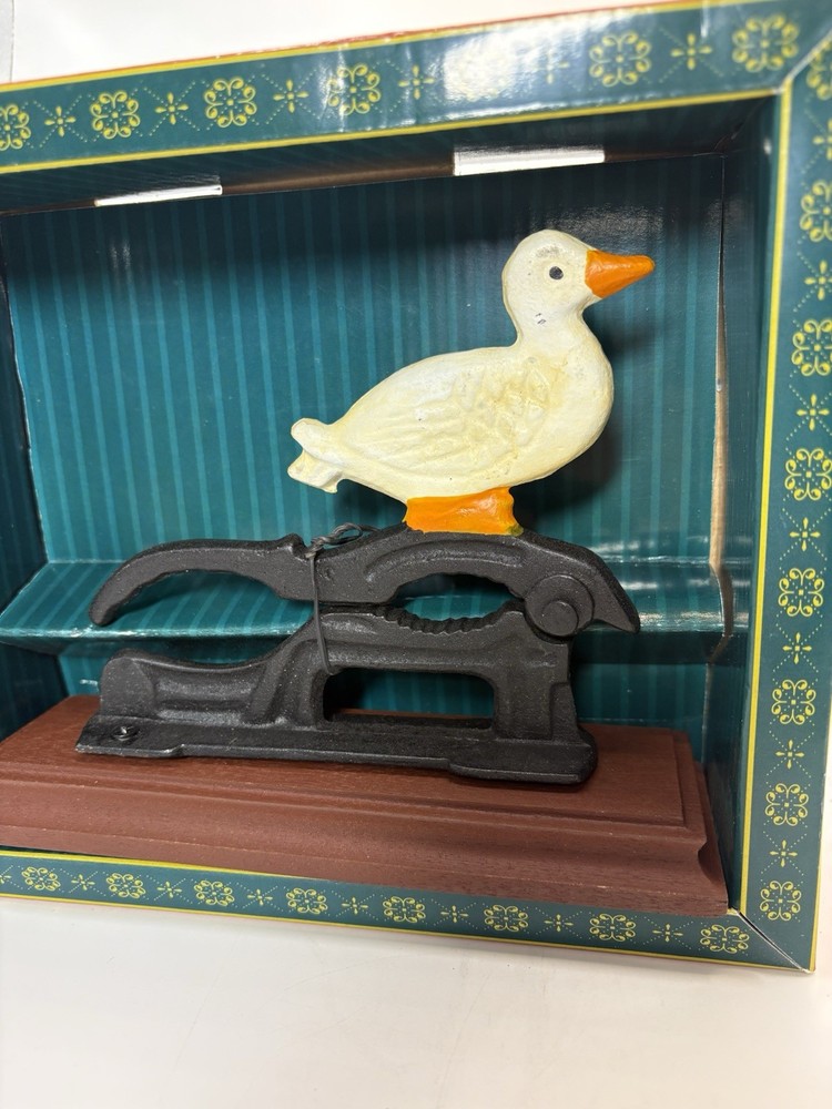 Vintage Cast Iron Duck Nutcracker Wood Base White Goose Handle Rustic Country