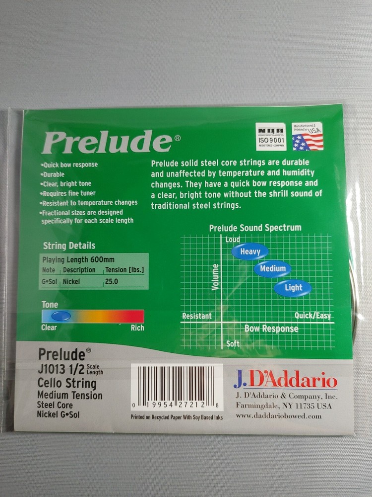 D'Addario Prelude Cello Single G String, 1/2 Scale, Medium Tension