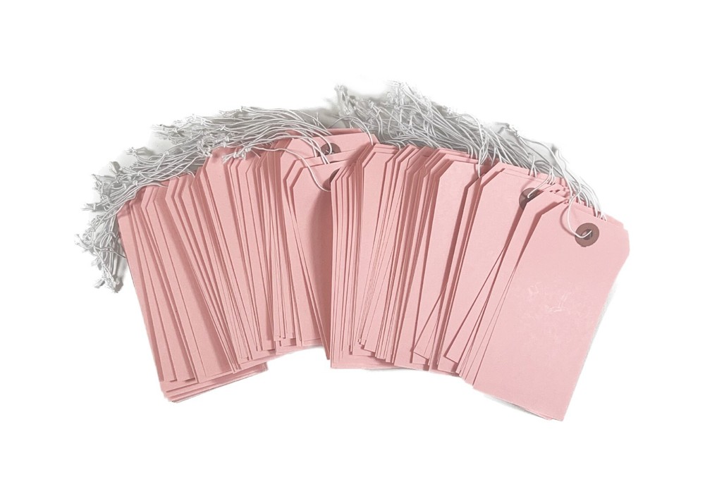 100 - 4 3/4" x 2 3/8" Pink Inventory Tags Strung with ELASTIC Stretchable String