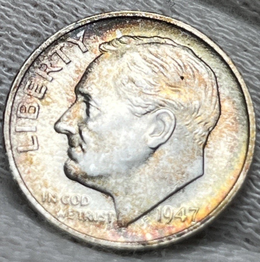 1947 S Roosevelt Silver Dime Rainbow Toning Both Sides Uncirculated