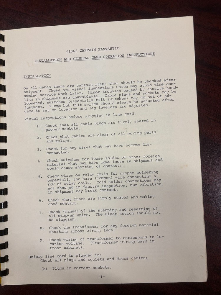 ORIGINAL-BALLY-CAPT. FANTASTIC-INSTALLATION & GAME OPERATIONS MANUAL-SCHEMATICS