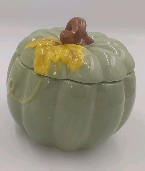 Ceramic Sage Green Pumpkin With Leaf Candy Dish