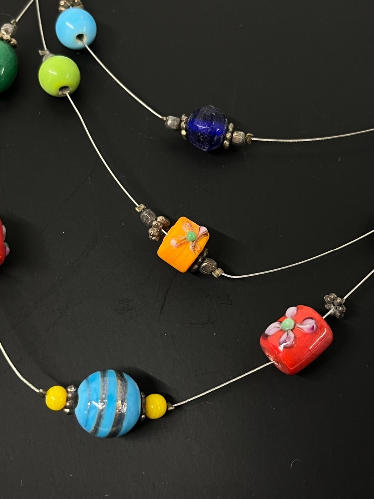 Multicolor Beaded Triple-Strand 15" Necklace Silver-Tone Wire Handmade