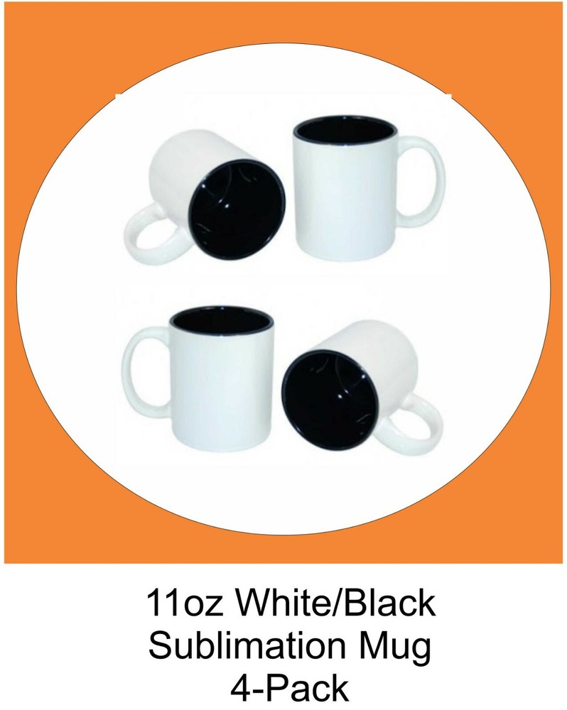 Four (4) 11oz Sublimation Ceramic Mugs, White/Back