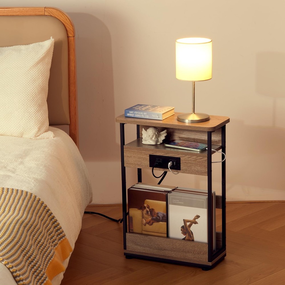 YEAKOO Narrow Side Table with Charging Station, 3-Tier End Table with 2 USB P...