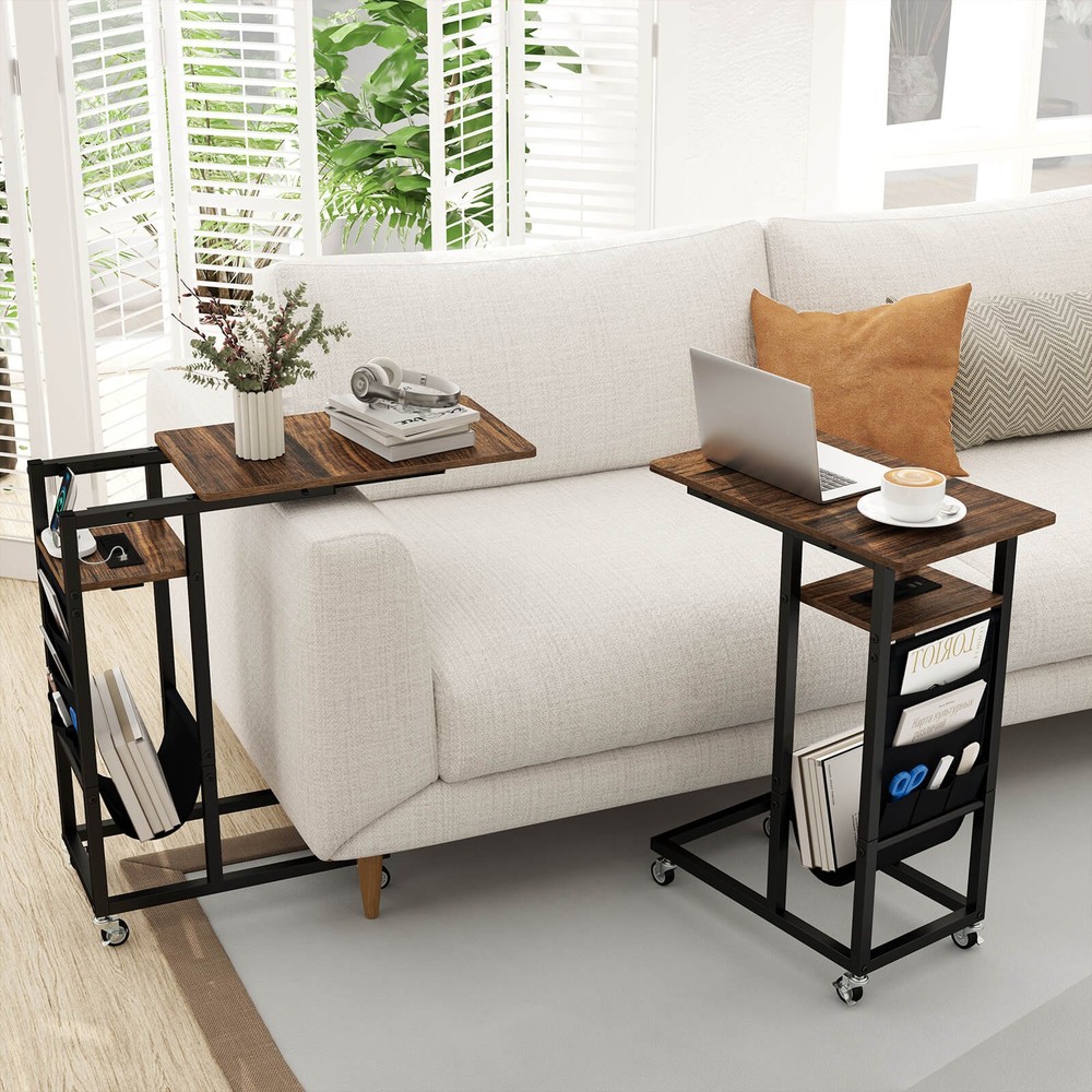 2 PCS C-shaped End Table w/ Charging Station Rolling Bedside Table Couch Side
