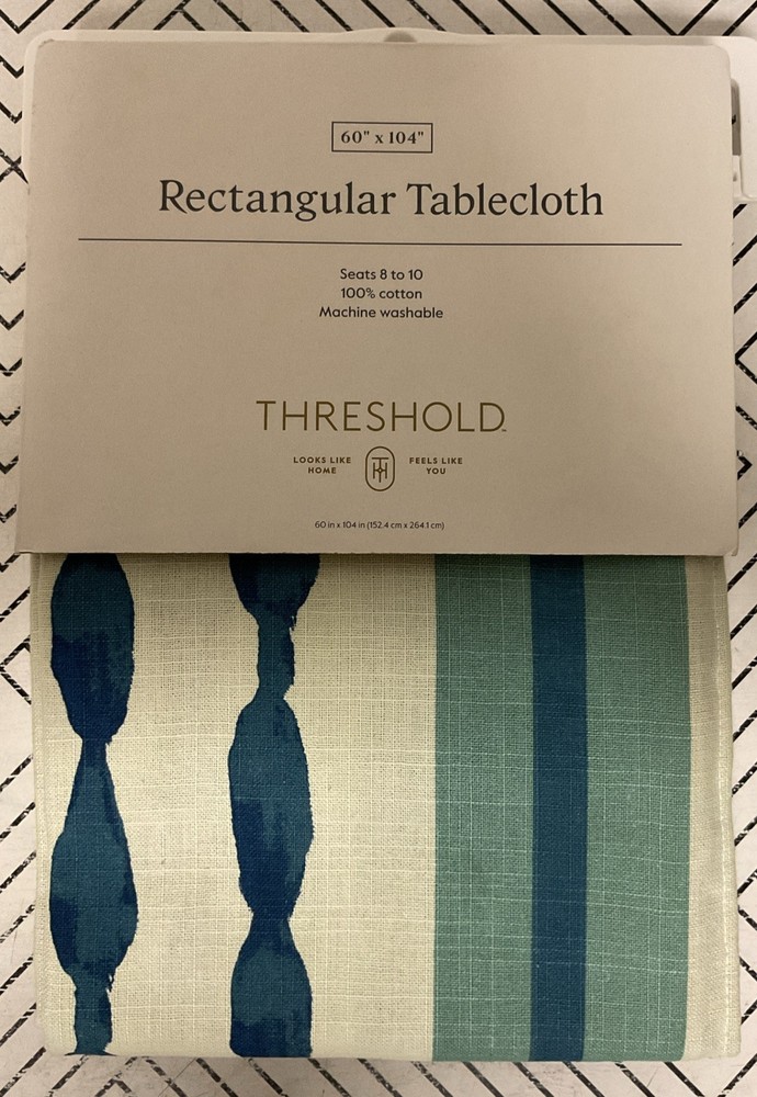 🥥 Threshold Rectangular Coastal Tablecloth Blue Striped 60” x 104”🆕
