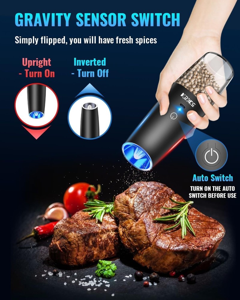USB Rechargeable Spice Grinder Set with LED & One-Hand Operation - Black 2-Pack