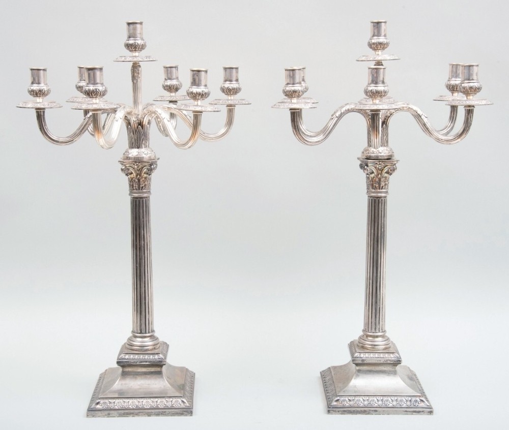 PAIROF GERMAN SILVER SEVEN LIGHT CANDELABRA CORINTHIAN COLUMN