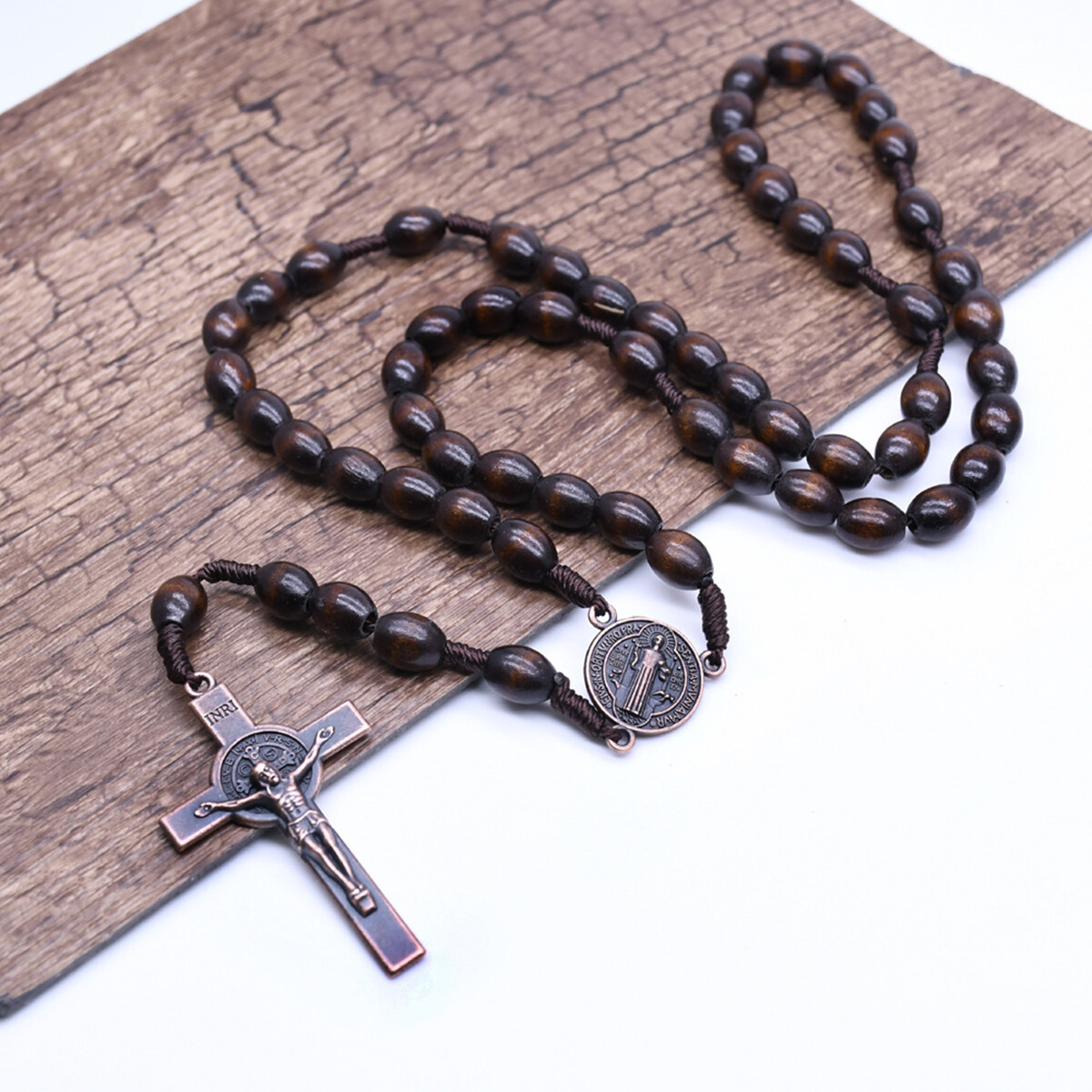 Saint St Benedict Wood Beads Rosary Prayer Crucifix Cross Jerusalem Deep Brown