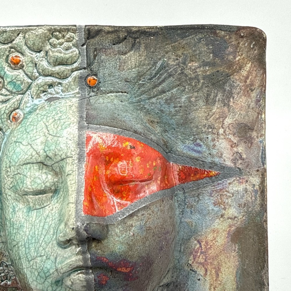 Sergio Naduville Studio Pottery Ceramic Mask Face Tile 7”x7” Signed & Dated 2002