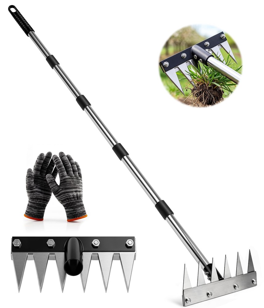 Weed Rake Tool Iron Weed Puller with 71" Adjustable Long Handle, 6 Teeth Gard...