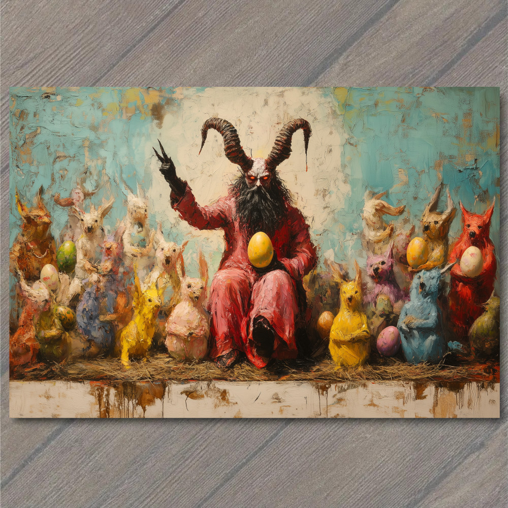 FLATCARD  Devil Easter Gathering Horned Beast Surrounded Rabbits Golden Egg