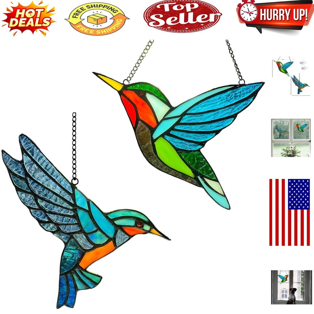 Two-Pack Handcrafted Stained Glass Hummingbird Window Decor