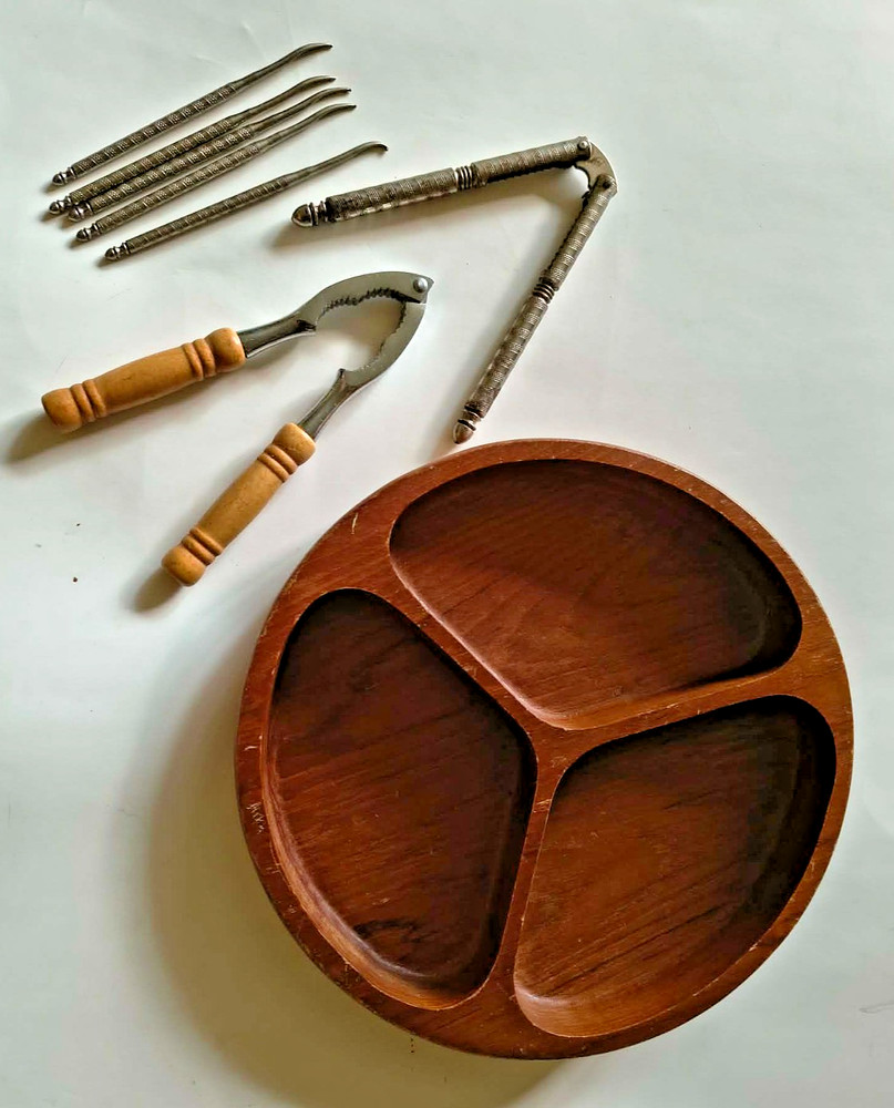 Vintage Wooden Nut Snack Bowl with nutcracker and pick tools