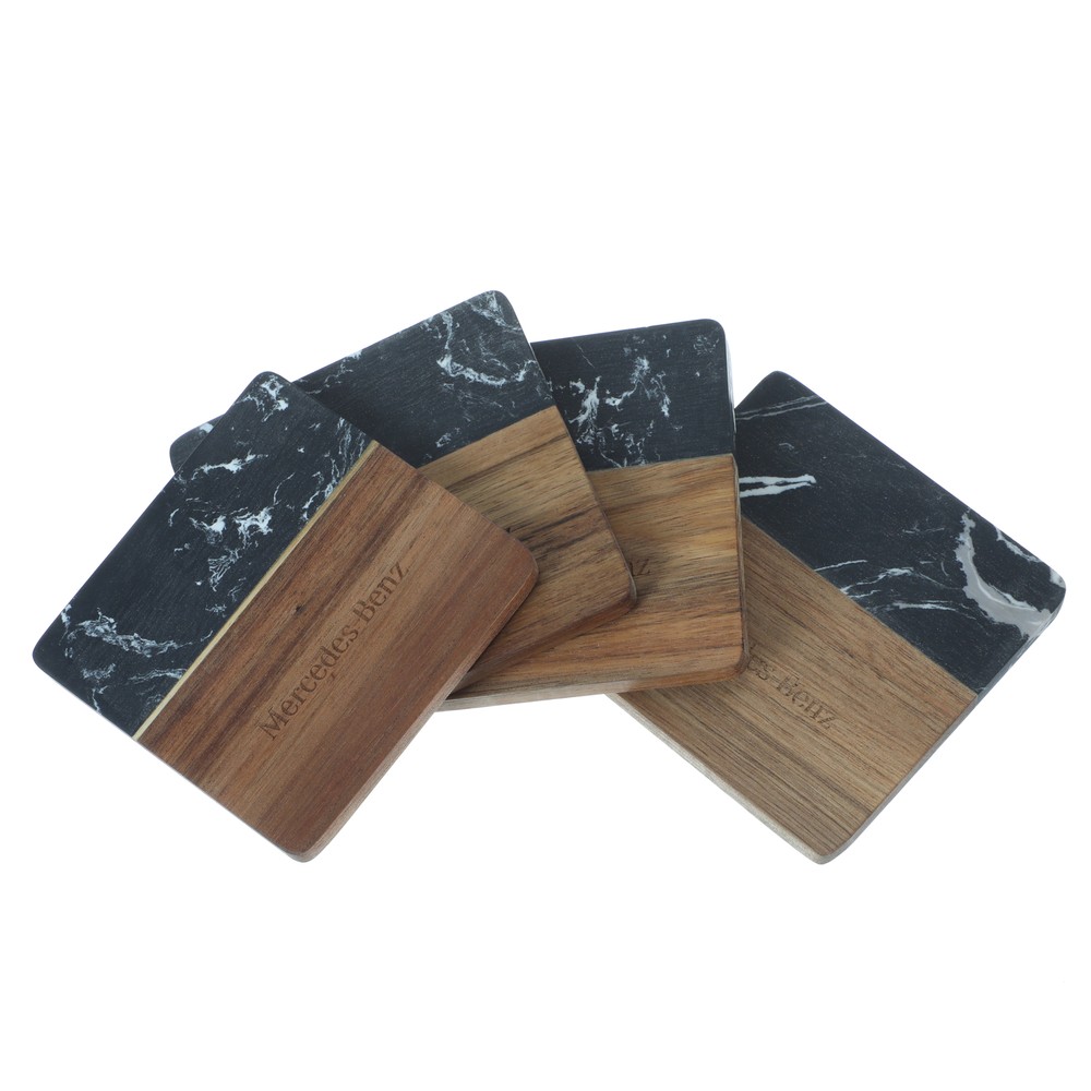 Mercedes Text Black Marble and Wood Coasters