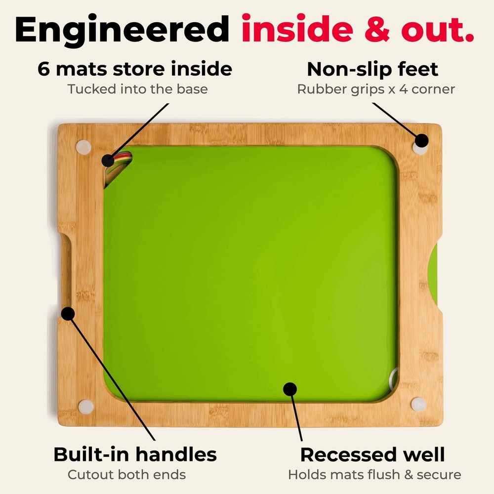 Best Cooler Kitchen Bamboo Cutting Board Set with 6 Color Coded Flexible Plastic